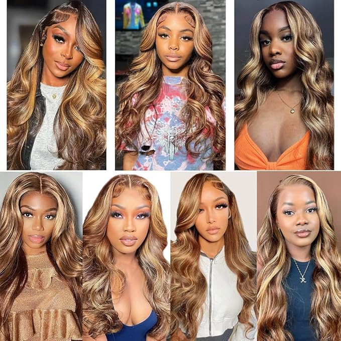 210% Density 13x6 Highlight Ombre Full Lace Frontal Wigs Human Hair 12A Body Wave Brazilian Human Hair Pre Plucked 4/27 Honey Blonde HD Glueless Transparent Lace with Baby Hair 30 Inch