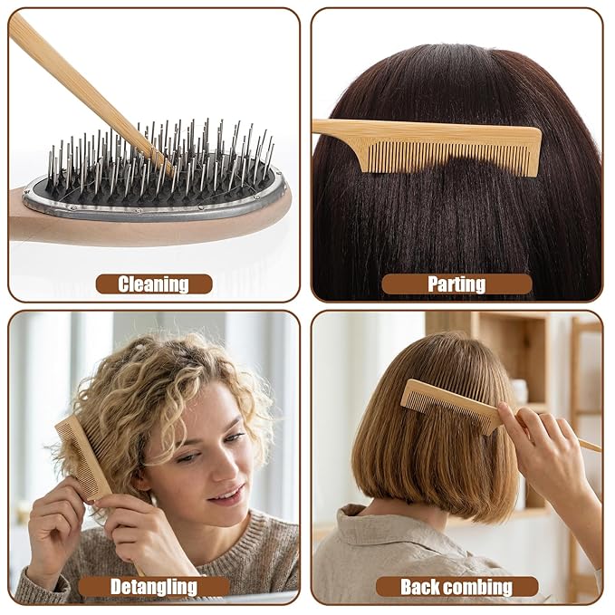 3 Pcs Bamboo Comb for Hair Growth, Natural Handmade Bamboo Anti-Static Combs Set - Wide Tooth, Rat Tail & Fine Tooth, Natural Nan Zhu Bamboos Wooden Combs for Hair & Beard, Travel Friendly