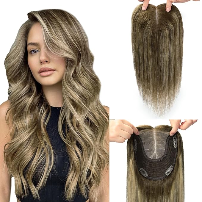 Hair Toppers for Women Real Human Hair, 360° Cover Topper 12inch 55g Hair Pieces for Women with Thinning Chocolate Brown Mixed Caramel Blonde Add Volume 6x7inch (#4/27/4Toppers-12inch)