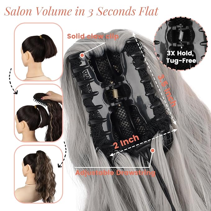 Ponytail Extension, 18 Inch Claw Clip Ponytail Extensions Curly Wavy Ponytail Hair Extension Jaw Clip on Pony Tails Hairpiece for Women Fluffy Natural Synthetic for Daily Use (Silver Grey)