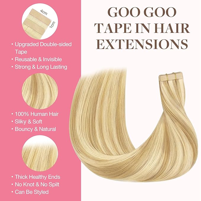 GOO GOO Tape in Hair Extensions Human Hair, 18D/22F Dirty Blonde Highlights, 24inch 100g 40pcs, Skin Weft Seamless Invisible, Silky Straight with Thick Ends, Remy Human Hair
