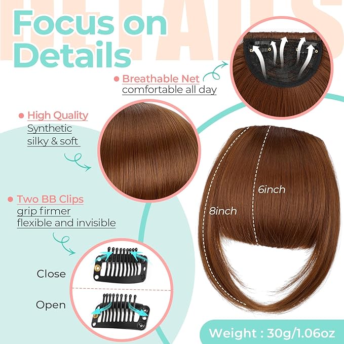 Clip in Bangs, Synthetic French Bangs Hair Clip, Fake Bangs Fringe with Temples Hairpieces for Women Natural Curved Hair Extensions for Daily Wear Light Auburn