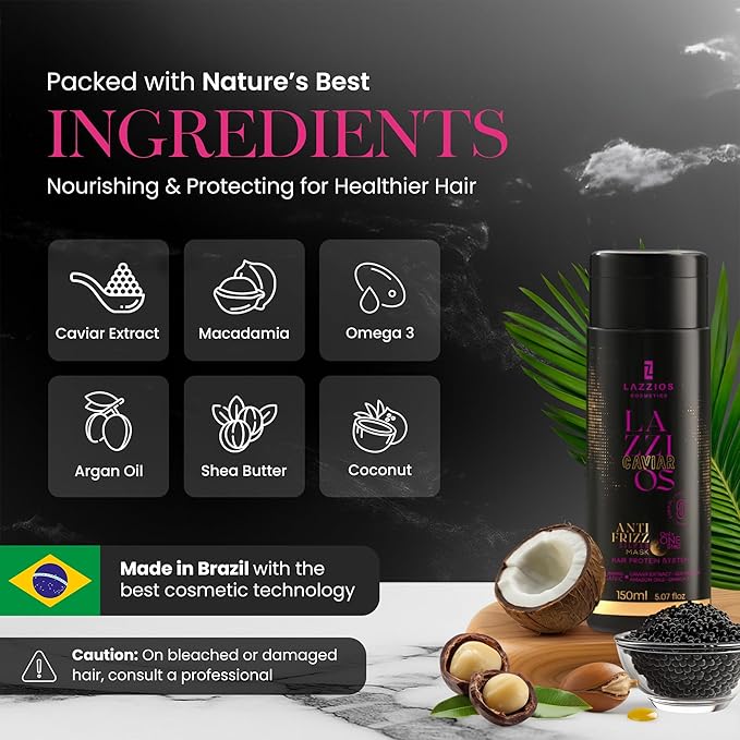 Lazzios Caviar Organic Hair Protein 150 ml (5 oz) – Brazilian Professional Straightening & Smoothing Treatment – Safe Formula with No Toxic Acids, Hyaluronic Acid, Keratin, Caviar & Argan Oil