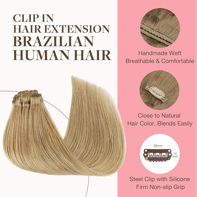 GOO GOO Clip in Hair Extensions Real Human Hair, Remy Human Hair Extensions Clip ins for Women, Natural Human Hair, 22inch 120g 7Pcs, 7 Bronde