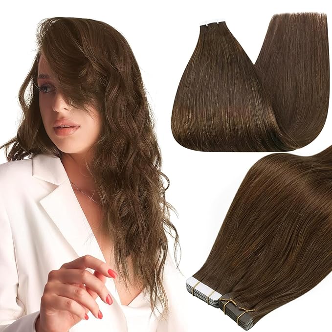 Full Shine Tape in Hair Extensions Color 4 Medium Brown Seamless Skin Weft Tape ins 30Gram 10Inch Invisible Straight Remy Human Hair Natural Human Hair Extensions Tape ins 20Pcs for Wedding