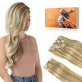 DOORES Hair Extensions Clip in Human Hair, Light Blonde Highlighted Golden Blonde 150g 9pcs 22 Inch, Clip in Hair Extensions Human Hair Extensions Human Hair Natural Straight Thick Human Hair