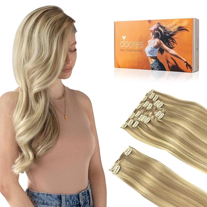 DOORES Human Hair Clip Extensions, Light Blonde Highlighted Golden Blonde 150g 9pcs 20 Inch, Natural Remy Clip in Hair Extensions Straight Thick Hair Extensions