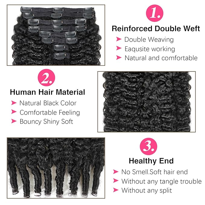 Burmese Curly Clip in Hair Extensions #1B Natural Black Color Curly Clip ins For Women Brazilian Virgin Clip on Hair(20inch,#1B)