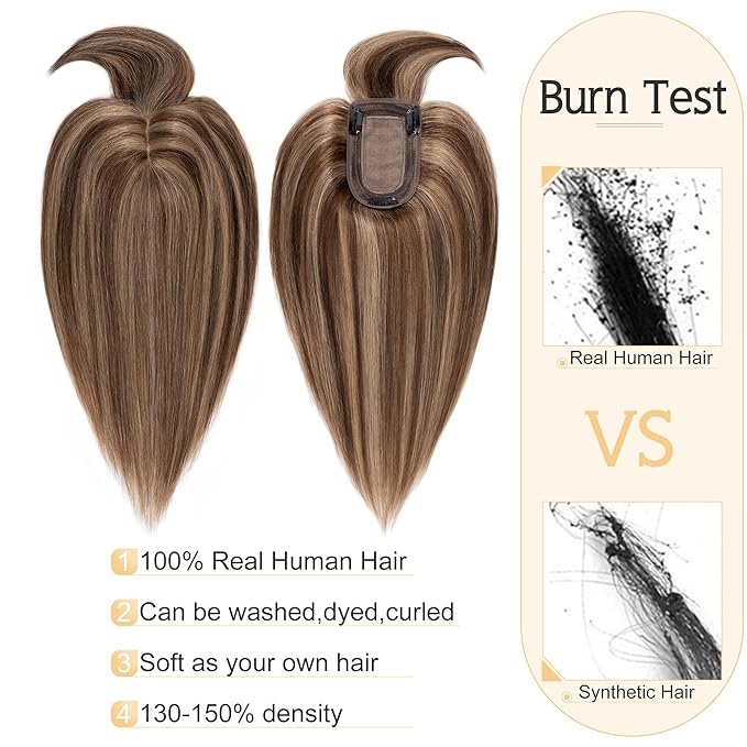 SEGO Hair Toppers for Women Real Human Hair With Bangs, 7 * 13CM Silk Base 100% Remy Human Hair Clip in Top Wiglet Hairpieces Add Volume /16 Inch Medium Brown&Dark Blonde