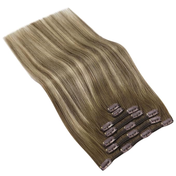 Ve Sunny Clip in Hair Extensions Brown Balayage Clip in Extensions Dark Brown Balayage Light Brown Mix Blonde Clip in Hair Extensions Real Human Hair for Women Natural Color 20inch 7pcs 120g