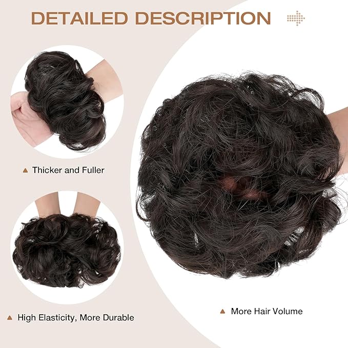 Messy Bun Hair Piece Wavy Curly Scrunchies Fluffy Donut Thick Updo Elegant Chignon Hairpieces for Women Girls, Black Brown 1.4oz