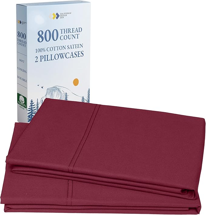 California Design Den King Size Pillows Cases Set of 2 - Luxuriously Soft and Thick 800 Thread Count, Smooth Sateen, Natural 100% Cotton King Pillowcase Pair, Durable - Red Wine
