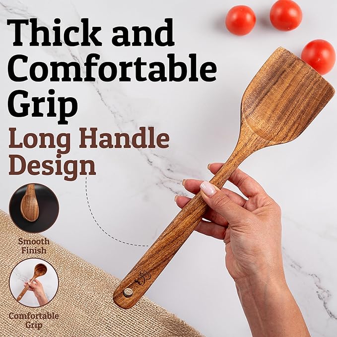 PriorityChef Premium Wooden Spoons for Cooking - 8pc Smooth Finish Teak Utensil Set with Hanging Hooks, Heat-Resistant & Nonstick Safe, Ideal for Gifting