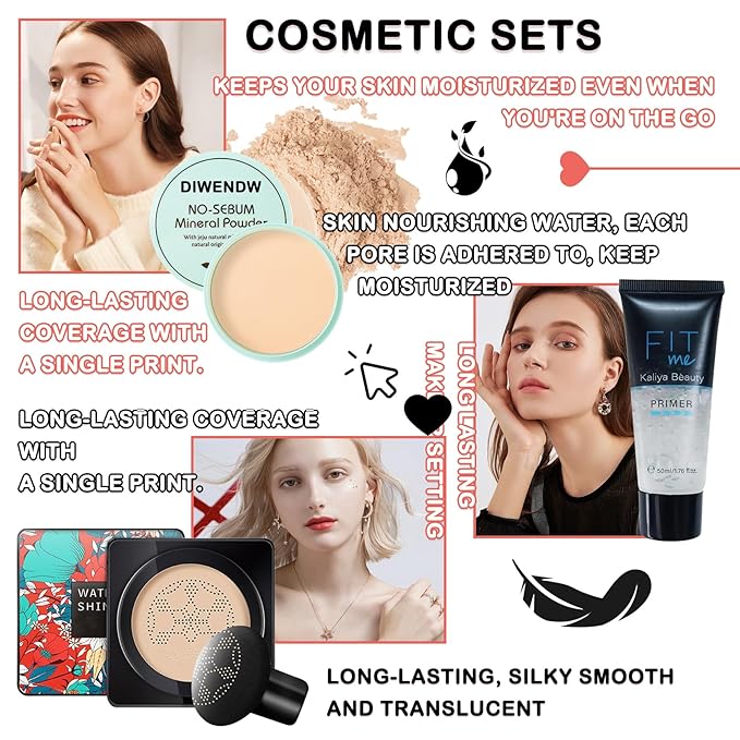 Mushroom Head Air Cushion CC Cream Full Coverage Liquid Foundation Set,Oil Control Concealer Lasting Moisturizing BB Cream,Loose Setting Face Powder Moisturizer Base Primer Makeup with Makeup Sponge