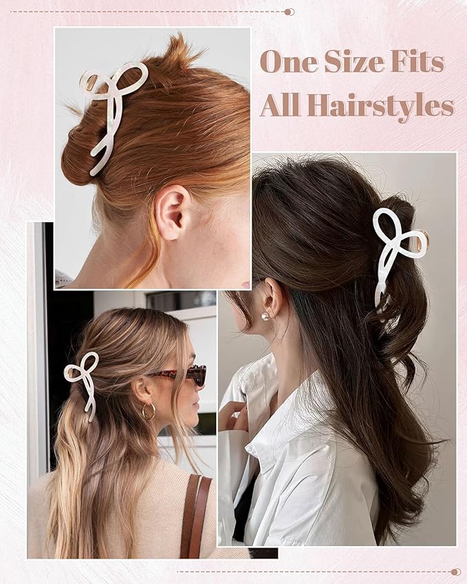 ACECHA 2 Pack Gold Metal Bow Hair Claw Clips for Women, 4.5" Colorful Non-slip Hairclips for Thick Thin Hair Claws Strong Hold Styling (B-White)
