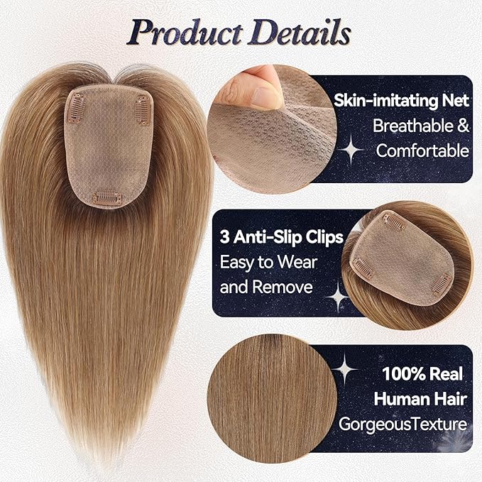 starluck Human Hair Toppers for Women Real Human Hair No Bangs 4 * 5.5 inch Base 12 inch SilkHug Topper for Women with Thinning Hair Cover Grey Roots(Ombre Light Brown)