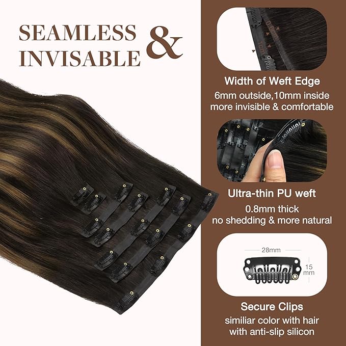 GOO GOO Clip in Hair Extensions Real Human Hair, Remy Human Hair Extensions Clip ins for Women, Natural Human Hair, 22inch 150g 7Pcs, 2/6/2 Balayage Dark Brown to Chestnut Brown