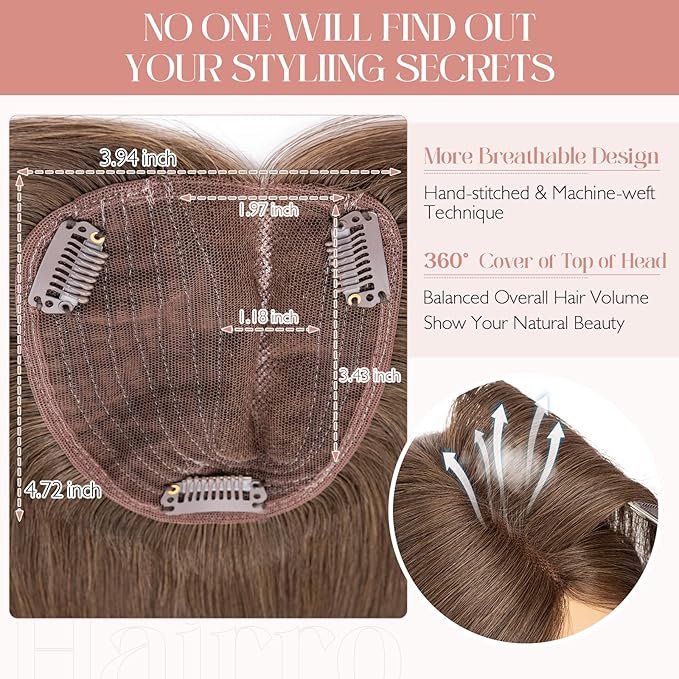 Hairro 100% Human Hair Topper No Bangs, Real Clip in Hair Hairpieces for Women, 3.94x4.72" Silk Base for Thinning Receding High Hairline, 10 Inch Dark Brown Side Part