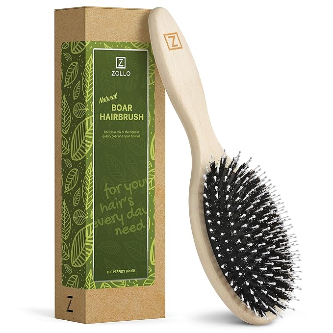 Natural Boar Bristle Hair Brush for Women, Men, Kids; Dry and Wet Detangling Hair Brush Gently Enhances Shine, Smooths Frizz and Prevents Breakage in Fine and Straight, Thick and Curly Hair (oval)