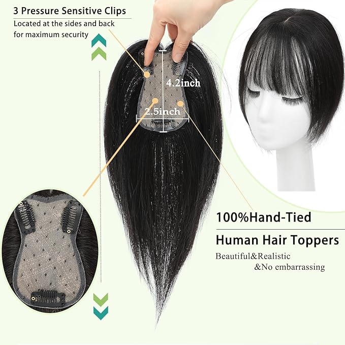 Hair Toppers for Women Real Human Hair, 360°3D Bangs Clip Human Toppers for Women with Thinning hair Realistic Scalp Line (Black, 3D Wispy Bangs(11 * 7))