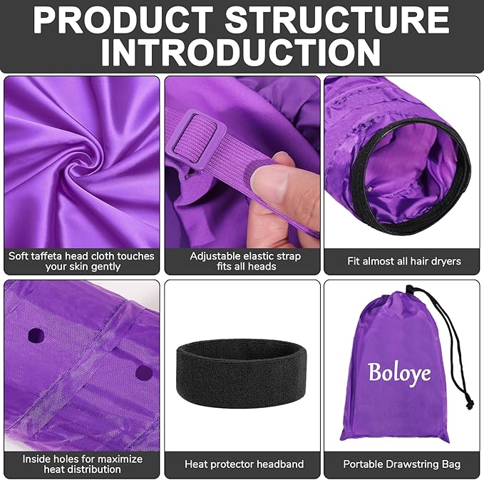 Hair Dryer Bonnet for Women, Large Bonnet Hooded Hair Dryer Attachment for Speeding Up Drying Time & Deep Conditioning, Fits All Head Sizes & Hair Styles, Purple (Large)