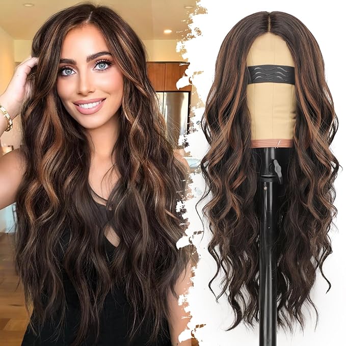 Dark Brown Mixed Chestnut Wig for Women Long Wavy 4x1 Lace Natural Hairline Glueless for Beginners Middle Part Synthetic for Daily Party Use 26Inch