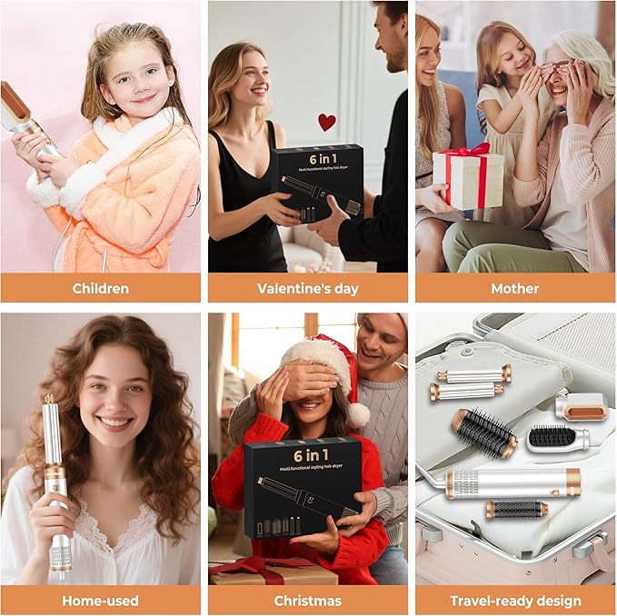 6 in 1 Blow Dryer Brush Set,Hot Air Styler Negative Ion Air Curling Wrap Air Curler, Round Brush Blow Dryer Curling Iron Hair Styling Tools Gift for Dry,Volumize, Straight,Curl,100-120V