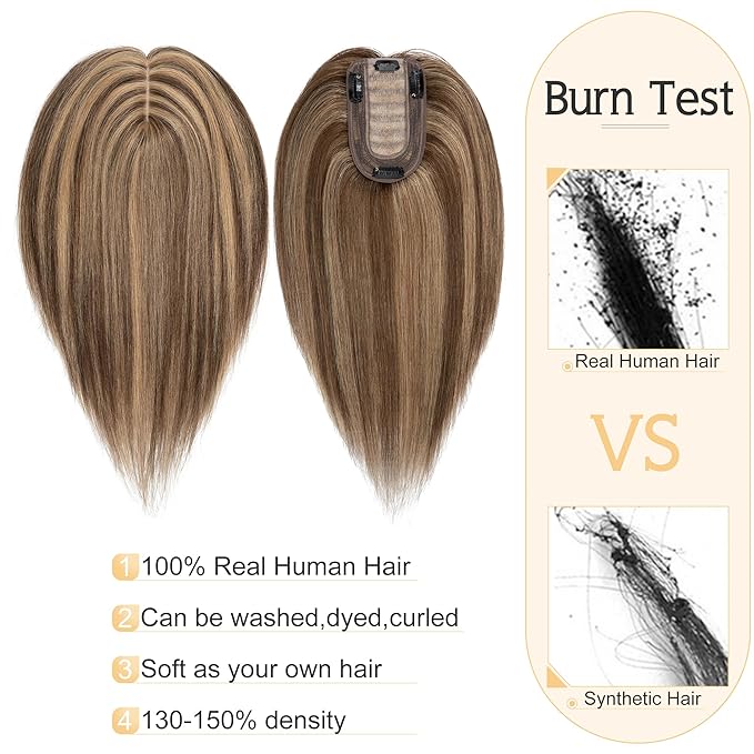 SEGO Human Hair Toppers for Women With Thinning Hair, 7 * 13CM Silk Base 100% Real Human Hair Clip in Top Wiglet Hairpieces /16 Inch No Bangs Medium Brown&Dark Blonde