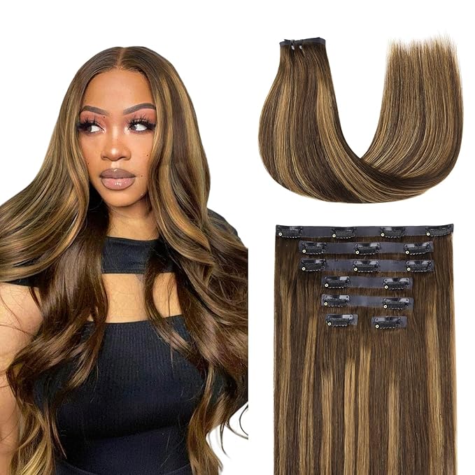 Lashey Seamless Clip in Hair Extensions Human Hair, 14 Inch 110g 7pcs Straight Balayage Chocolate Brown to Honey Blonde with Brown Root Highlight Clip in Hair Extensions for Women