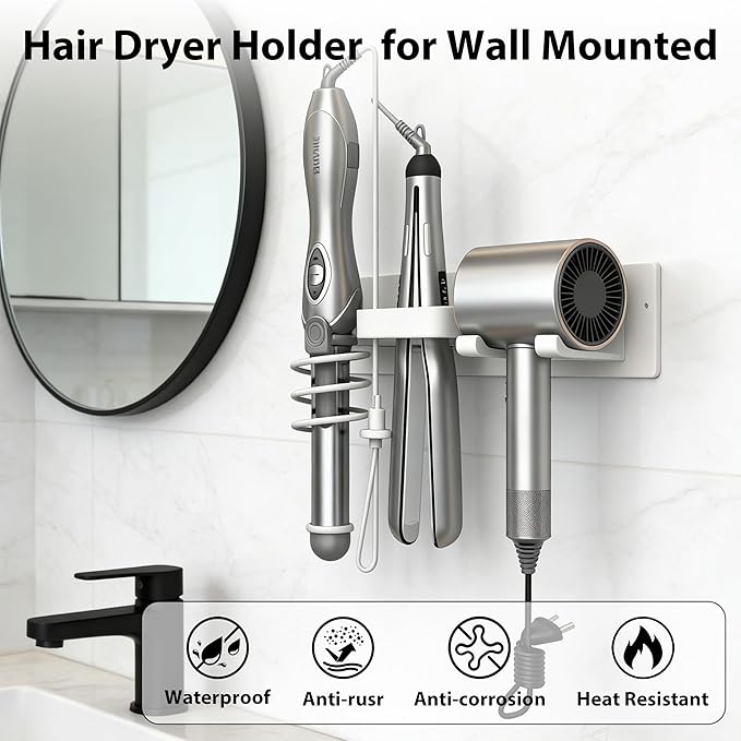 Hair Dryer Holder Blow Dryer Holder for Wall Mount Curling Iron Holder Flat Iron 3 in 1 Bathroom Hair Tool Organizer Rack White