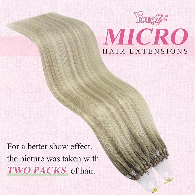 YoungSee Micro Link Hair Extensions Human Hair Ombre Blonde Micro Bead Hair Extensions Blonde to Platinum Blond Beaded Hair Extension Real Human Hair Balayage Remy Hair for School 14In 50s/50g