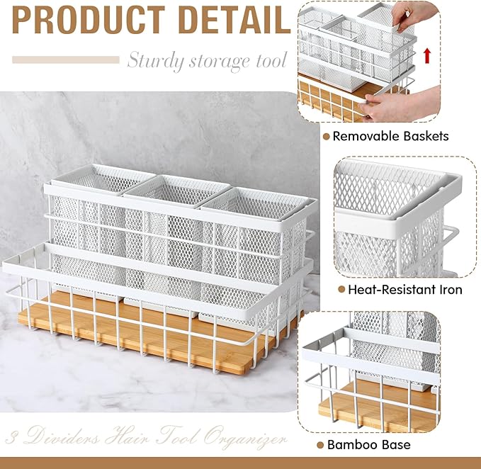 1 Pcs Hair Tool Organizer Countertop Breathable Metal & Bamboo Hot Tools Organizer Under Sink Bathroom Hair Dryer Holder Countertop Brush Comb Holder,makeup tray (Natural Bamboo,White)