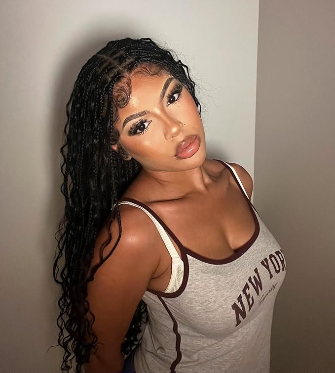 Human Hair Boho Curls Hand-Tied HD Full Lace Wig - 24" Salon-Level Small Box Synthetic Braids (100 Braids, High Density) Pre-Cut Swiss HD Lace, Pre-Plucked, Knotless, Tangle-Free - Black 1B