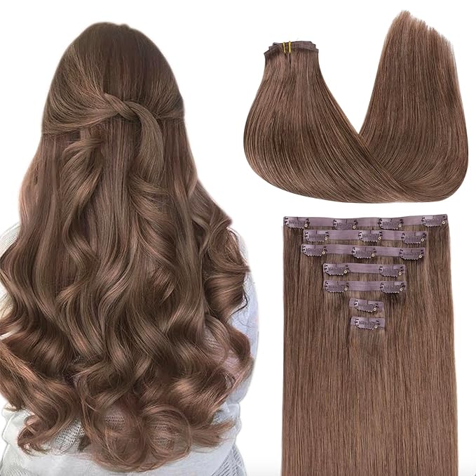 GOO GOO Clip in Hair Extensions Real Human Hair, Remy Human Hair Extensions Clip ins for Women, Natural Human Hair, 22inch 160g 7Pcs, #5 Light Ash Brown