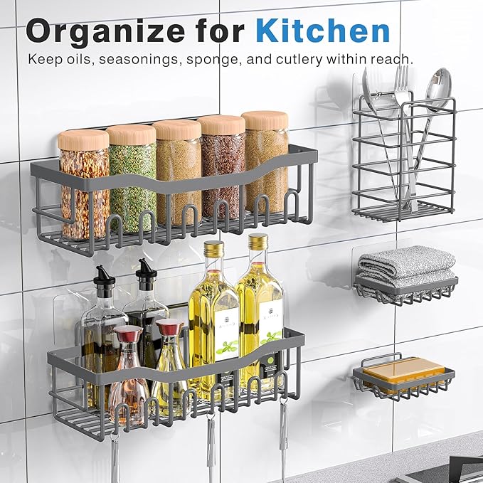 EUDELE 5-Pack Rustproof Stainless Steel Shower Caddy – No Drill Adhesive Bathroom Organizer with Large Capacity, Spacious Shower Shelves for Inside Shower, Kitchen & Home Decor Storage-XL Size