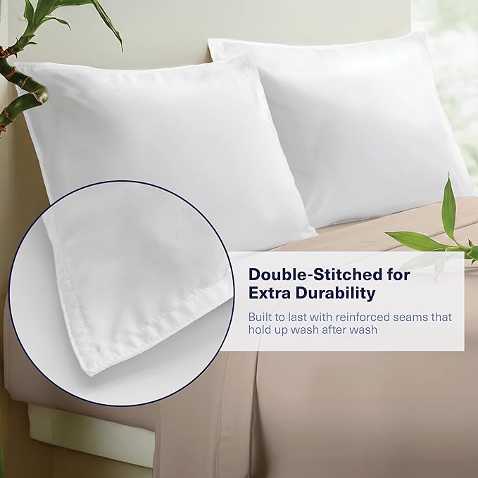 Kickoff Viscose Bamboo Pillowcase, Queen, Set of 2, 100% Organic Hidden Zippered Viscose Bamboo Pillow Case Queen Size, Cooling Pillow Cover for Hot Sleepers (20"x30", Snow White)