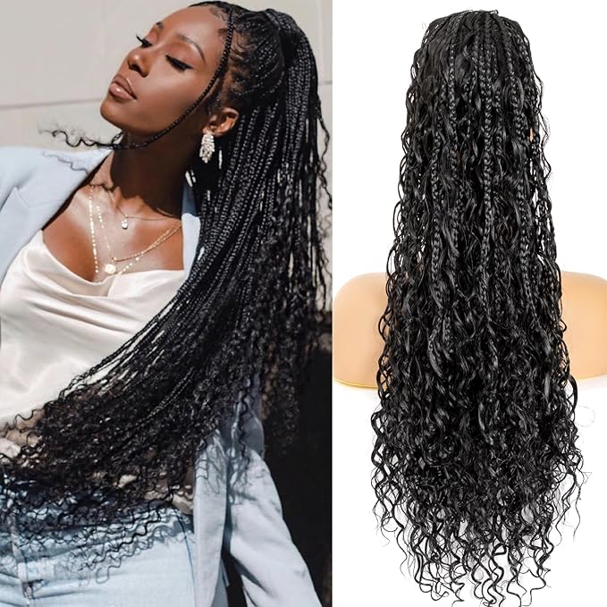 Drawstring Ponytail for Women 24 inch Boho Box Braids with Long Wavy Hair Ponytail Extension Natural Black Synthetic Hair Extensions Ponytail for Daily Use (1B#, 24 Inch)