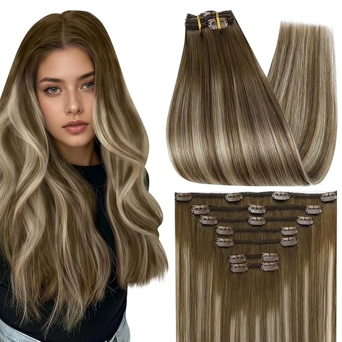 Full Shine Balayage Brown Hair Extensions Real Human Hair Clip ins Chestnut Brown Ombre Blonde Short Clip in Hair Extensions Seamless Human Hair Clip in Extensions for Women 14 Inch 7 Pcs 120 G