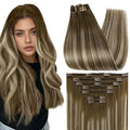 Full Shine Brown Blonde Clip in Hair Extensions Chestnut Brown Ombre Blonde Color 6/60/6 Real Hair Extensions Clip ins 22 Inch Straight Clip in Remy Hair 7 Pcs 120 G