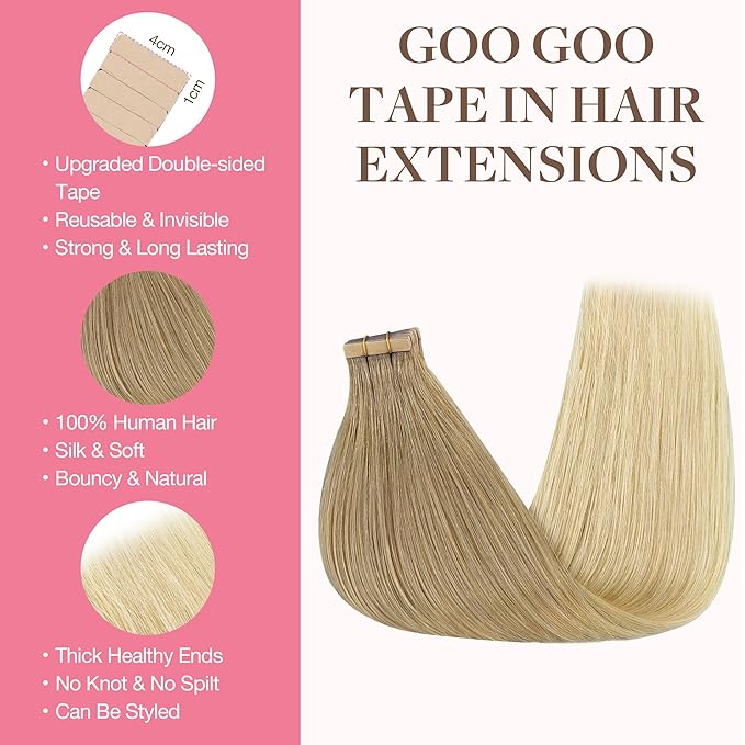 GOO GOO Tape in Hair Extensions Human Hair, O18G/22G Ombre Beige Blonde with Ash Highlights, 18inch 50g 20pcs, Skin Weft Seamless Invisible, Silky Straight with Thick Ends, Remy Human Hair