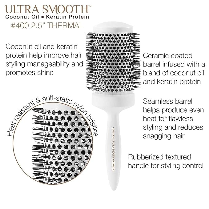 Cricket Ultra Smooth Coconut Thermal Hair Brush – 2.5” Ceramic Barrel, Coconut Oil and Keratin-Infused, Anti-Static Heat-Resistant Bristles, Textured Handle for Styling All Hair Types