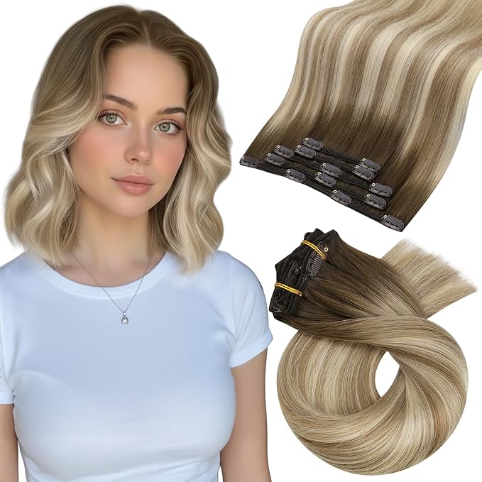 Moresoo Clip in Hair Extensions Remy Double Weft Human Hair Clip in Extensions Balayage Straight Hair Extensions for Women Ombre Brown to Light Brown with Blonde 5pcs 80g 10inch