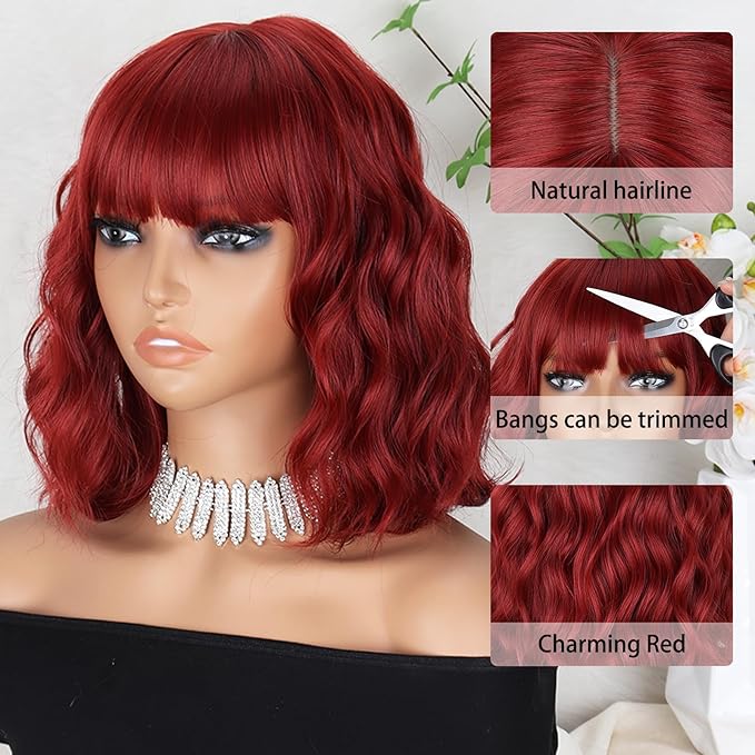 MISSQUEEN Short Red Wigs for Women with Bangs Wine Red Wavy Curly Bob Wig