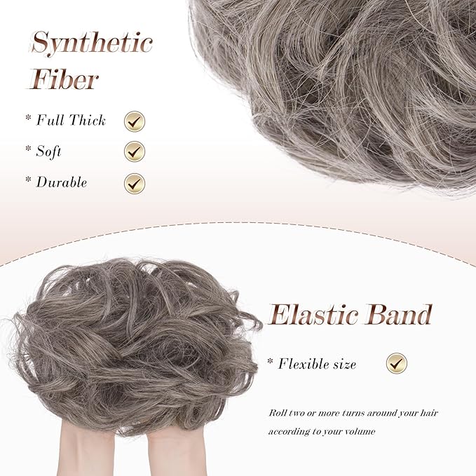 FESHFEN Messy Bun Hair Piece - Elastic Wavy Curly Hair Bun Scrunchies Extensions Synthetic Chignon Hairpieces for Women Girls, Salt and Pepper 1.5 oz