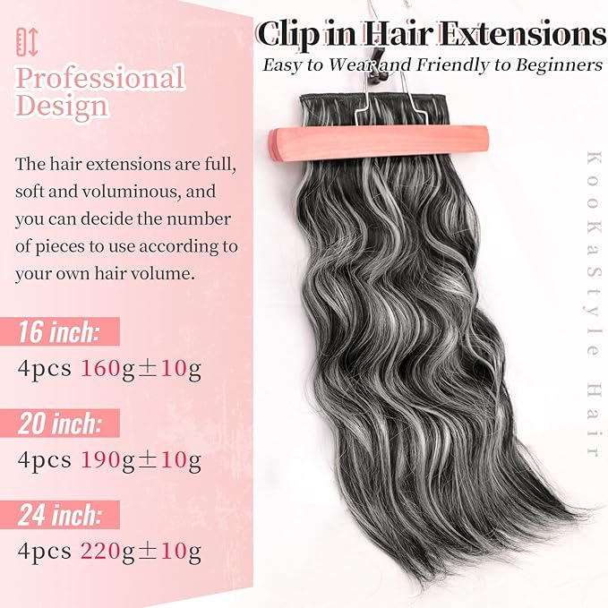 KooKaStyle Clip in Hair Extensions Long Wavy 4PCS Thick Hairpieces Synthetic Highlight Hair Extensions Black and White Mix Fiber Double Weft Natural 20Inch for Women
