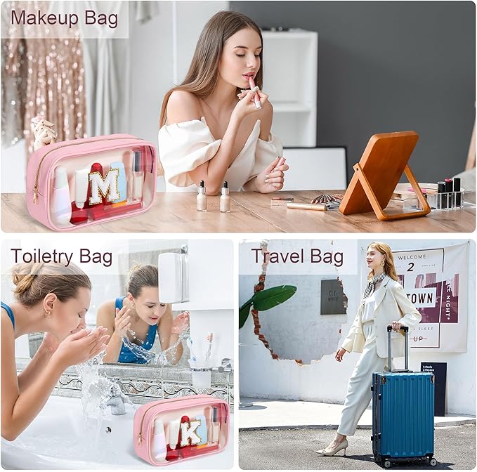 YOOLIFE Travel Makeup Bag Toiletry Bag for Women, Clear Make up Bag PVC Cosmetic Bag Pink Preppy Stuff Travel Accessories Makeup Pouch Birthday Gifts for Women Teacher Mother Wife Girlfriend Gifts W