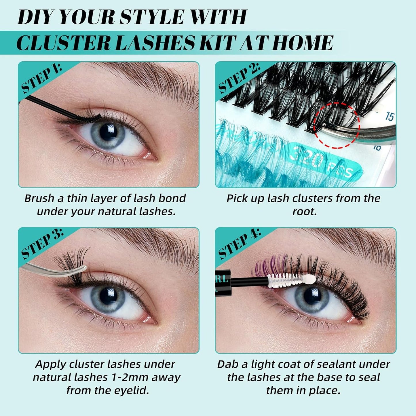 Lash Extension Kit 320Pcs,DIY Individual Lashes Clusters Kit,Lash Bond And Seal,Lash Remover For Colorful Eyelashes Extensions,Lash Applicator Tools For False Eyelash Cluster Kit(40D,D-Mix9-16mm Kit)