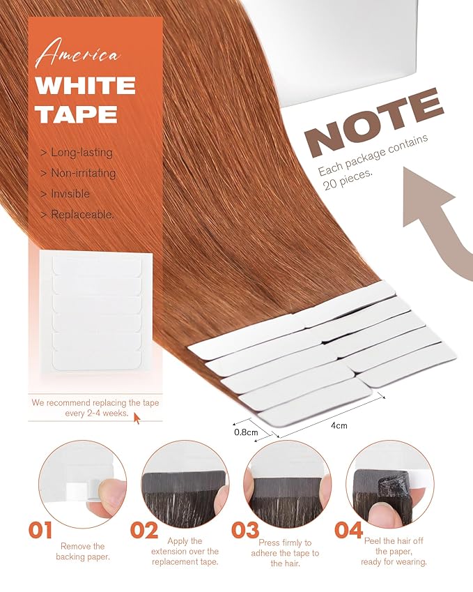 Sunny Hair Tape in Hair Extensions Real Human Hair Invisible Remy Hair Extensions Tape ins for Women Copper Red 24 inch 20Pcs 50G
