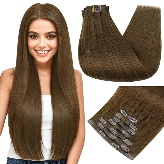 Full Shine Clip in Human Hair Extensions Medium Brown Seamless Clip in Hair Extensions Human Hair Brown Invisible Real Human Hair Extensions Clip ins PU Weft Brazilian Hair 14 Inch 8 PCS 120 G