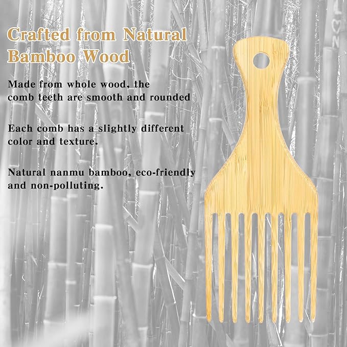 4 Pcs Bamboo Afro Hair Pick Comb Set Natural Anti-Static Picks Wide Tooth Detangling Combs for Men Women with Thick Curly Hair